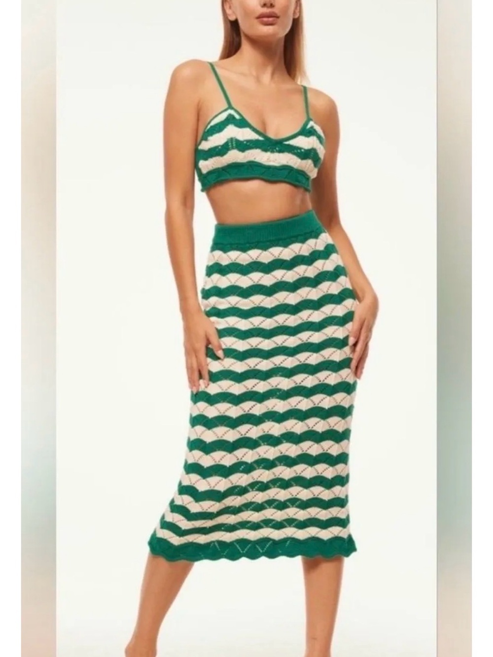 Green and Cream Knit Midi Skirt Melina pencil skirt